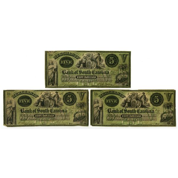 SC. Merchants' Bank of South Carolina, 1857 to 1858, Issued Banknote Trio.