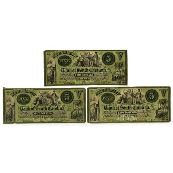 SC. Merchants' Bank of South Carolina, 1857, Issued Banknote Trio.