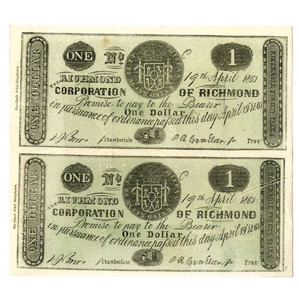 VA. Corporation of Richmond, 1861, Uncut Pair of Contemporary Facsimile Rebel Shinplaster Obsolete N