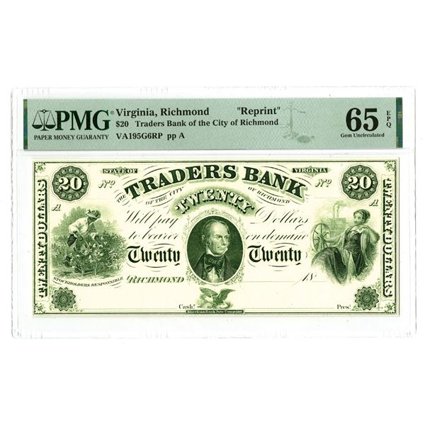 VA. Traders Bank of the City of Richmond, ND (1860s), $20 Proprietary Proof Obsolete Banknote.