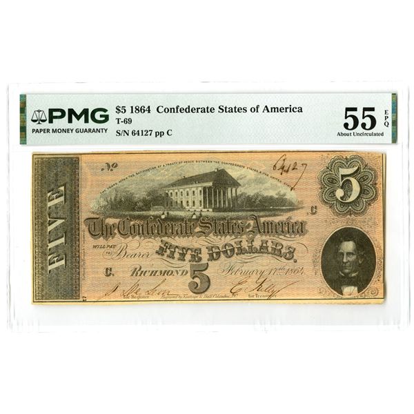 VA. C.S.A., February 17, 1864, $5, T-69, Issued Banknote.