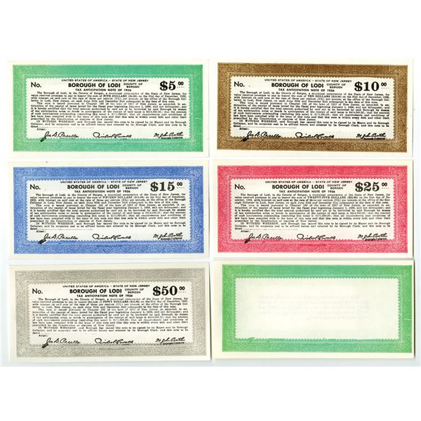 NJ. Borough of Lodi, 1936, Tax Anticipation Notes, Set of 5.