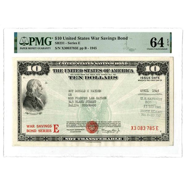 CO. U.S.  Savings Bond, 1945, $10, "War Savings Bond Series E" Issued Bond