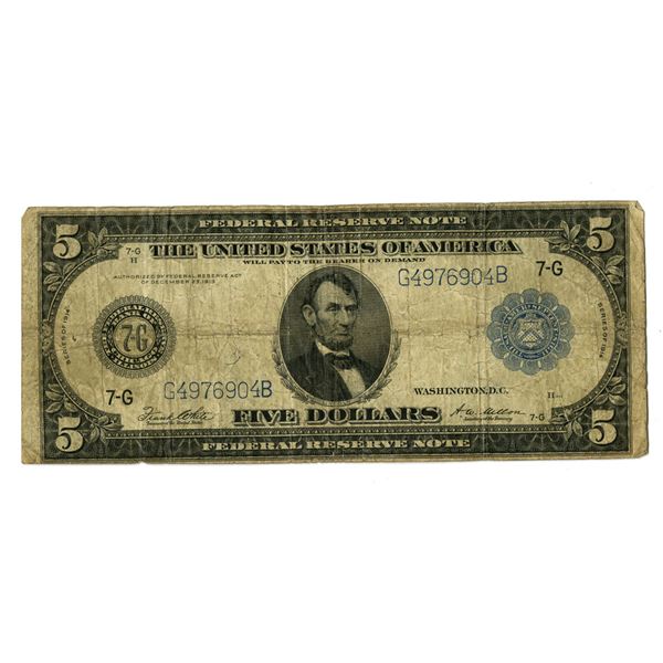 U.S.,  F.R.N., $5, Series of 1914, Issued Banknote.