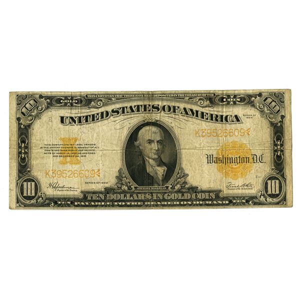 U.S.,  Gold Certificate, Series of 1922, Issued Banknote.