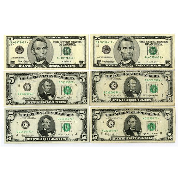 U.S. Federal Reserve Notes, $5, Series of 1963 to Series of 2001, Issued Group of 6 Star Notes.