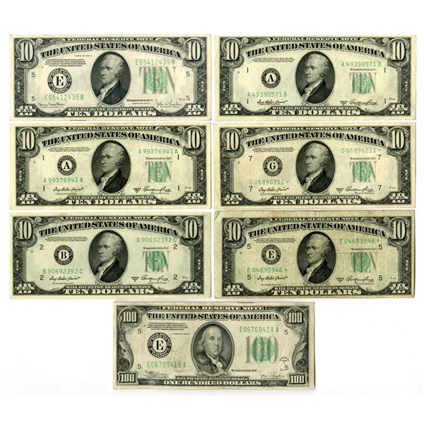 U.S., F.R.N., $10, Series of 1934D, 1950, 1950A and $100 Series 1934C, Issued Banknote Assortment.