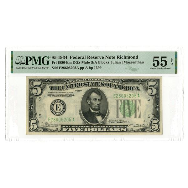 U.S., F.R.N., $5, Series of 1934, Fr.# 1956-Em DGS Mule, Issued Banknote.
