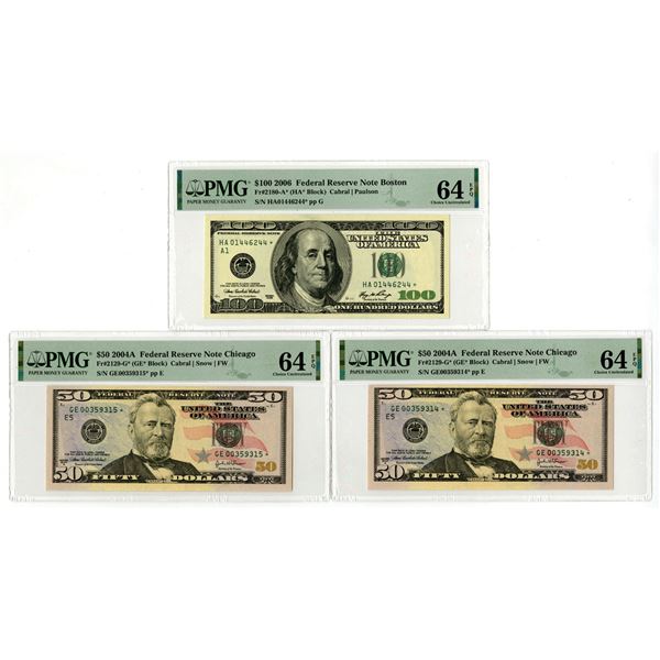 MA. IL. U.S., F.R.N., $50 and $100, Series 2004A to 2006, Issued Star Note Trio.