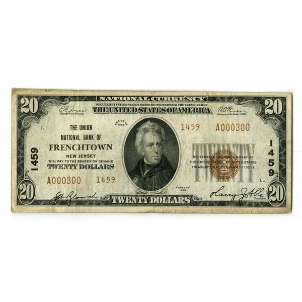 NJ. Union National Bank of Frenchtown, New Jersey, $20, Series of 1929, Ch# 1459, Type 2, Issued Ban