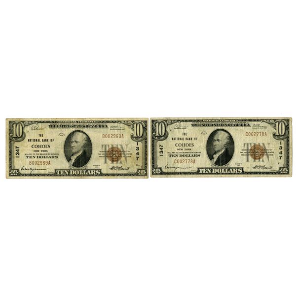 NY. National Bank of Cohoes, New York. $10, Type 2, Series of 1929, Ch# 1347, Issued Banknote Pair.