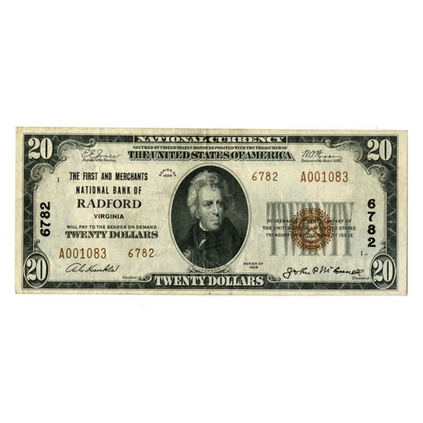 VA. First and Merchants National Bank of Radford, Virginia, $20, Series of 1929, Ch# 6782, Type 2, D