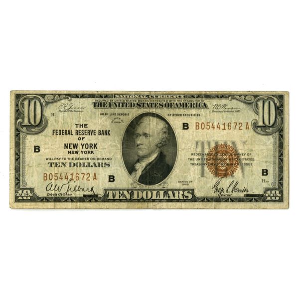 NY. Federal Reserve Bank of New York, New York, $10, Series of 1929, T1, Issued Banknote.