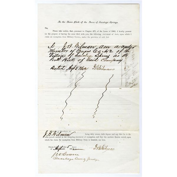 NY. Saratoga Springs, 1862, Civil War–Era Military Exemption Affidavit and Oath by Local Fi