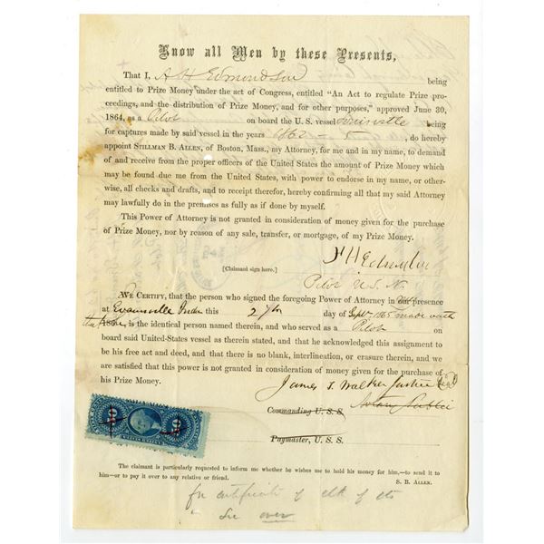 Boston, MA., & Washington, D.C.,, 1864. Power of Attorney for U.S. Navy Prize Money – U.S. 