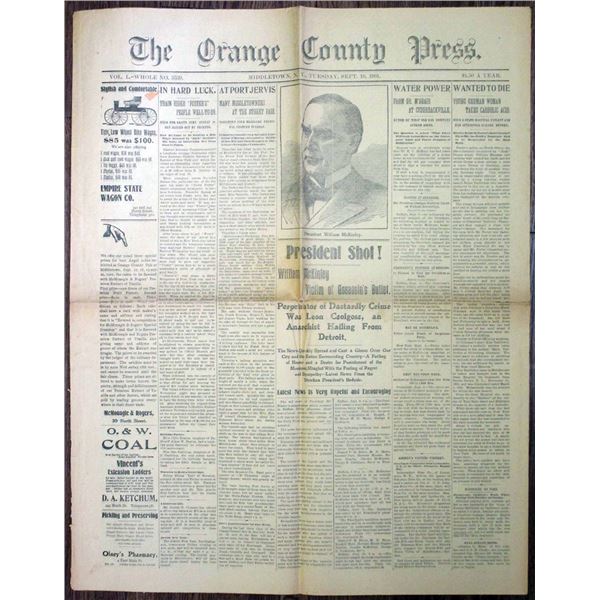NY. Orange County Press 1901 McKinley Assassination Newspaper