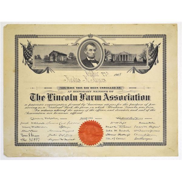 KY. Lincoln Farm Association, 1908, Issued Membership Certificate