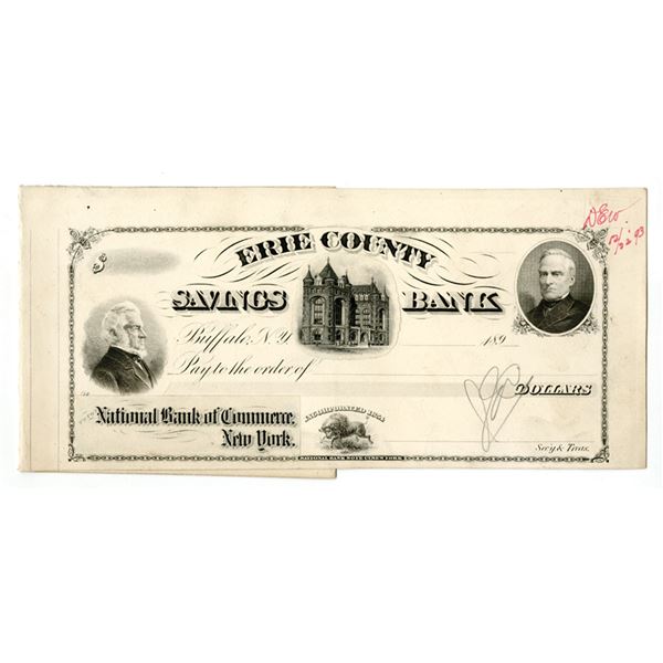 NY. Erie County Savings Bank, 1893, Unique Approval Proof Draft from the ABNC Archives.