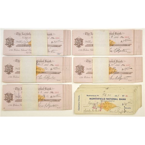 VT. Northfield National Bank, 1899 to 1900, Issued Check Assortment with U.S. Imprinted Revenue RN-X