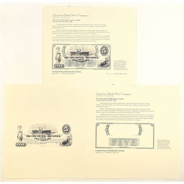 GA. ABN Souvenir Card - City Council of Brunswick, $5, Obsolete Banknote Progress Proof ca.1860 (199