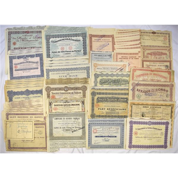 France and French Colonial Enterprises, ca. 1910 to 1930s. Large Assortment of Stock and Bond Certif