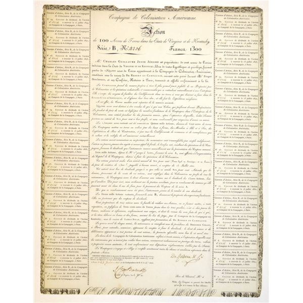 France. Compagnie de Colonization Américaine, 1820, I/U Bond 100 Acres in Kentucky or Virginia.