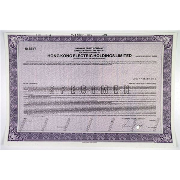 China. Hong Kong Electric Holdings Ltd., 1989, Specimen Stock Certificate