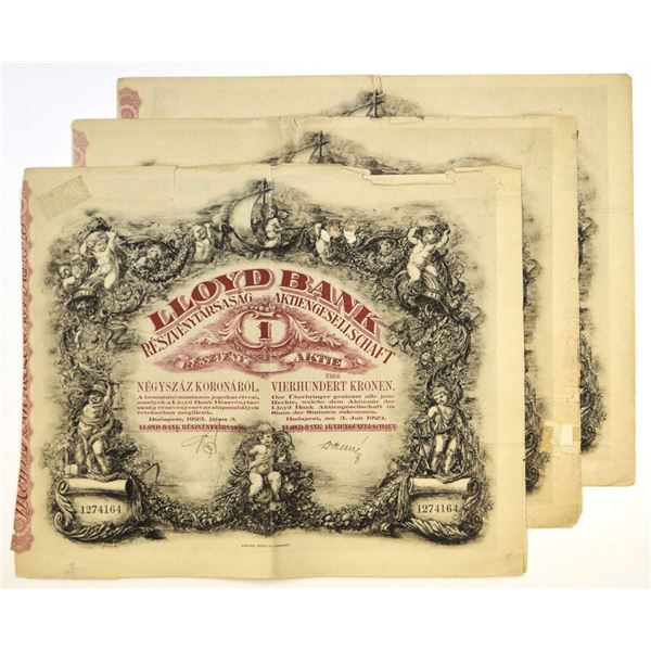 Hungary. Lloyd Bank, 1923, I/U Share Certificate Trio.