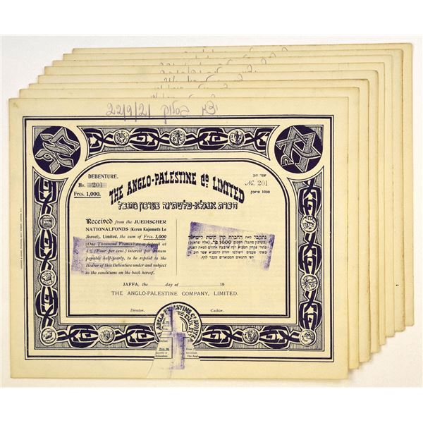 Palestine. Anglo-Palestine Bank Ltd., 1912 to 1921, I/C 1000 Franc, 4% Bond Certificates.