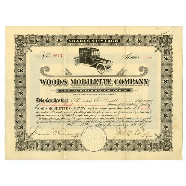 AZ. Woods Mobilette Co., 1917, I/U Stock Certificate.