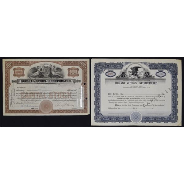 Durant Motors Inc., 1922, I/U and I/C  Stock Certificate Pair.