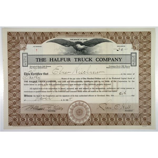Halfur Truck Co. 1924 I/U Stock Certificate, S/N 1