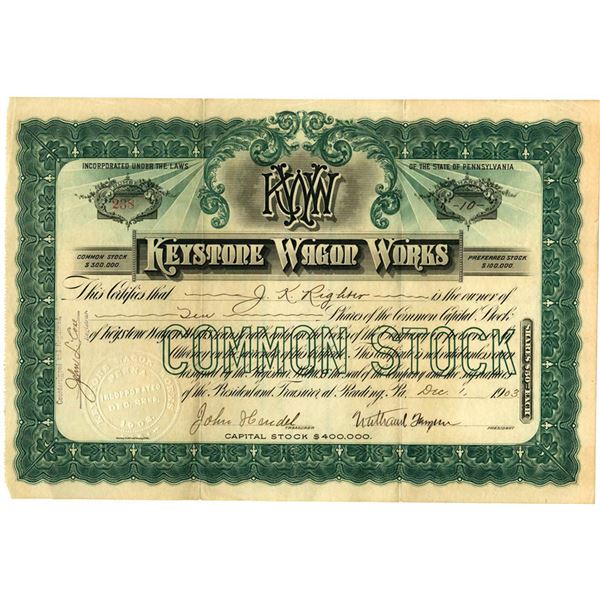 PA. Keystone Wagon Works, 1903 I/U Stock Certificate