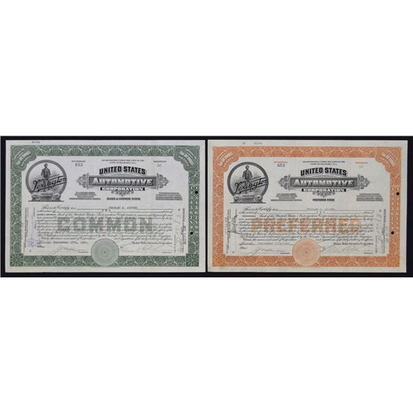 D.C., United States Automotive Corp., 1920, I/U Stock Certificate Pair.