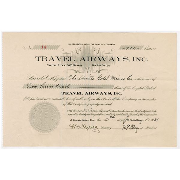 CO. Travel Airways, Inc., 1931 I/U Stock Certificate