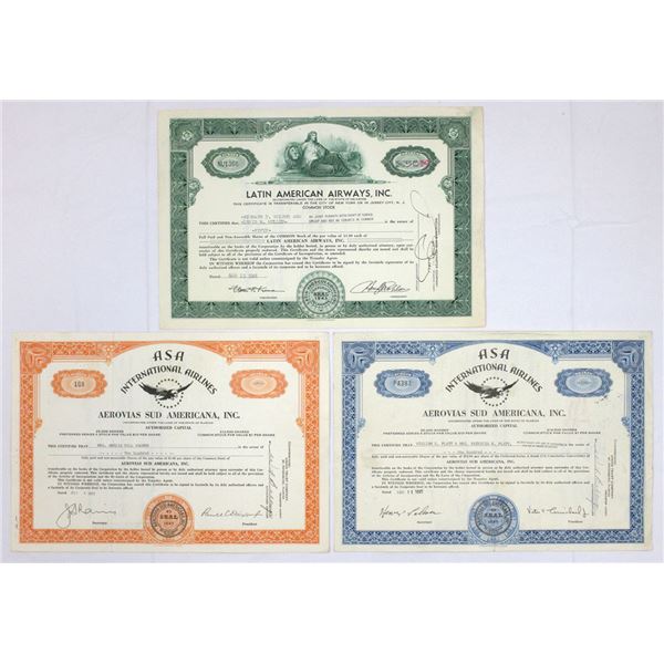 Latin American Airways & ASA International Airlines, I/U Aviation Stock Certificate Trio, 1946 to 19