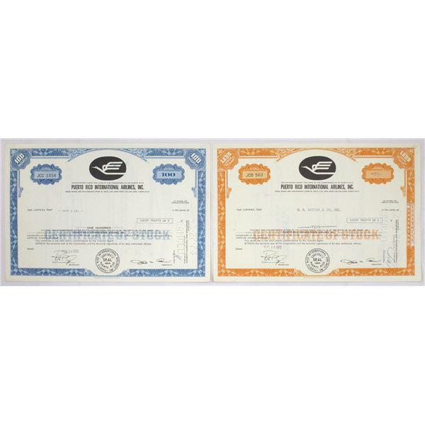 Puerto Rico International Airlines, Inc.,1972, I/C Stock Certificate Pair.