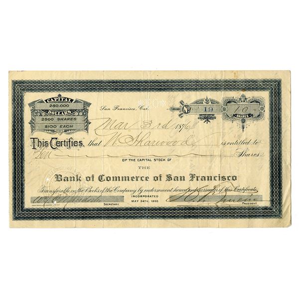 CA. Bank of Commerce of San Francisco, 1896 I/U Stock Certificate.