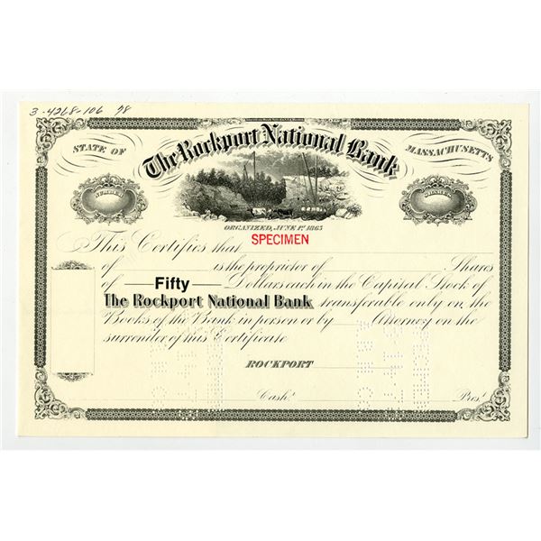 MA. Rockport National Bank, 1880 to 1890 (Reprinted in 1978), Specimen Stock Certificate.