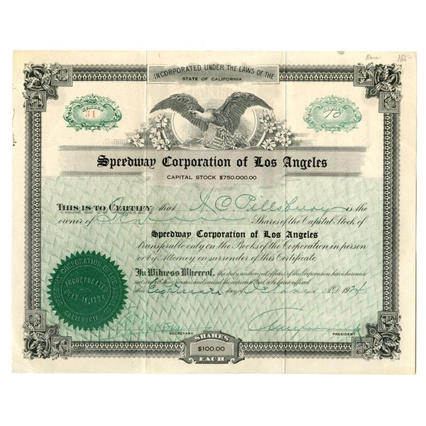 CA. Speedway Corp. of Los Angeles, 1924, I/U Stock Certificate ITASB Art Pillsbury.