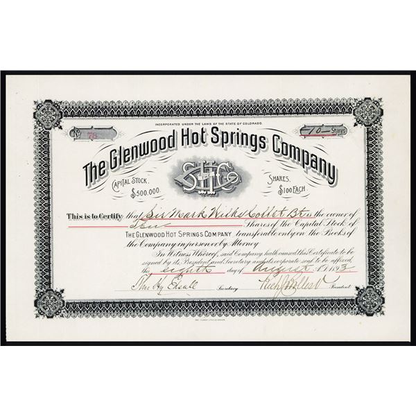 CO. Glenwood Hot Springs Co. 1893 I/U Stock Certificate.