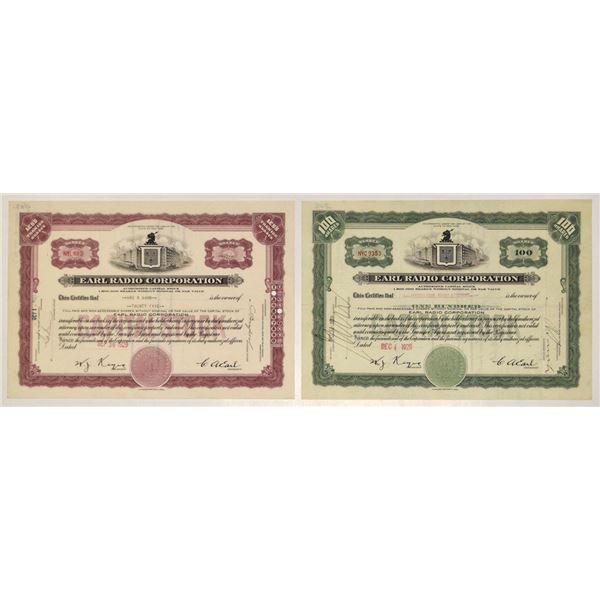 NY. Earl Radio Corp., 1929, I/U Stock Certificate Pair, Issued Right before and After the 1929 Stock