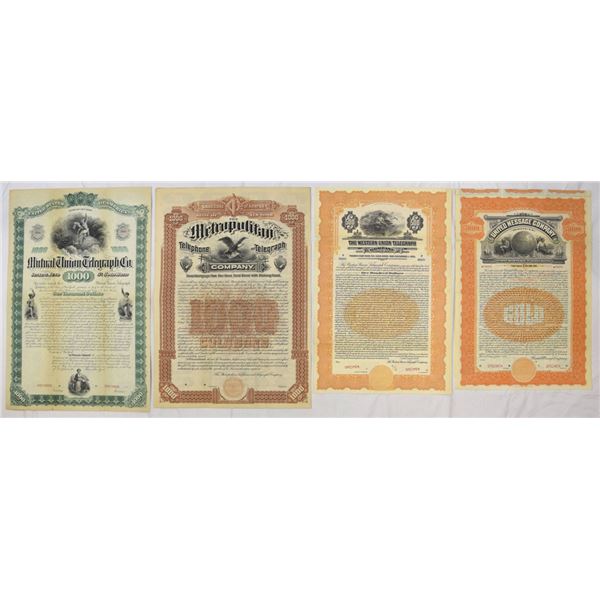 Communications Giants Telegraph & Telephone Specimen Bond Quartet, 1890s to 1910s.