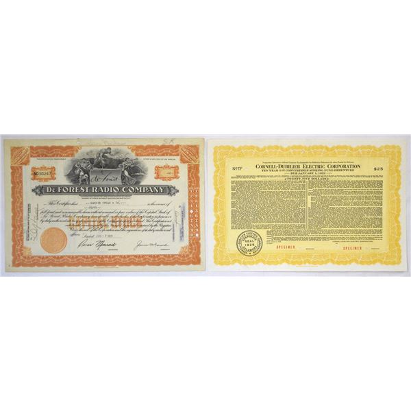 Radio & Electronics Industry Stock and Bond I/U and Specimen Pair, 1931 and 1942.