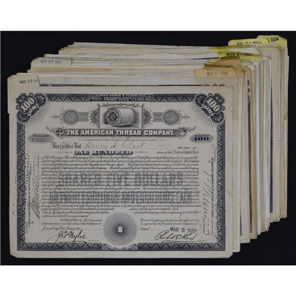 NJ. American Thread Co., 1907 to 1937, I/C Stock Certificate Assortment.