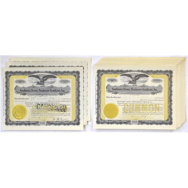 NV. Southwest Honey Producers Syndicate, Inc., 1927, I/U and Remainder Stock Certificate Assortment.