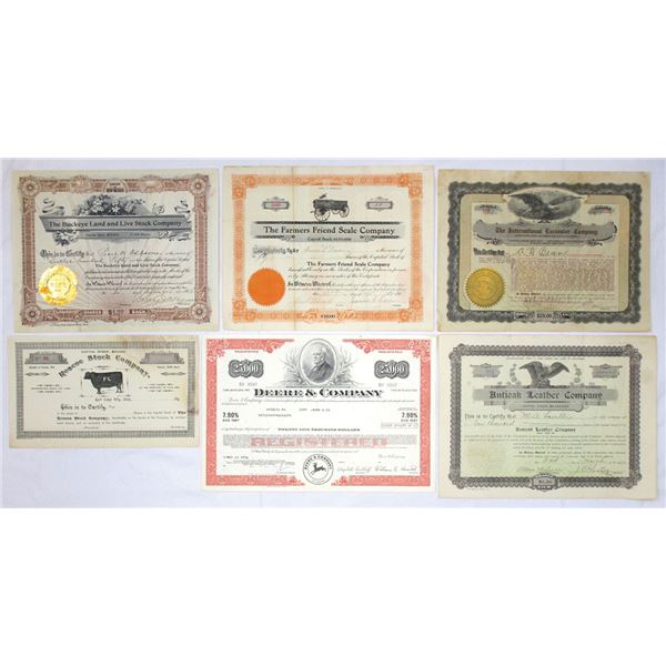 Agricultural and Farm Related Assortment of Issued Stock Certificates, ca.1890s to 1970s.