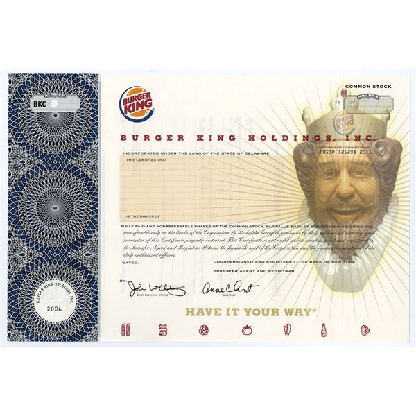 DE. Burger King Holdings, Inc., 2006 Specimen Stock Certificate.