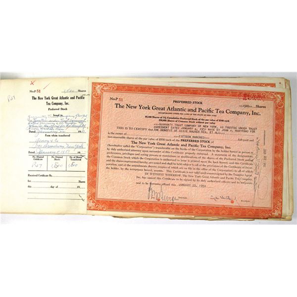 NY. New York Great Atlantic and Pacific Tea Co. Inc., 1951 to 1958, Stock Ledger with over 250 certi