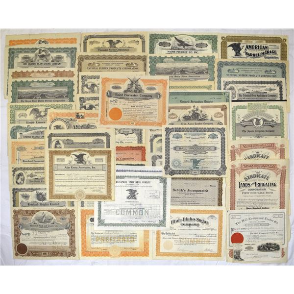 Agriculture, Food & Industrial Stock Certificate Assortment, 1890s to 1930s